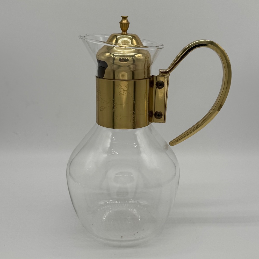 Vintage Princess House Heritage Carafe Etched Glass Brass Coffee Pitcher 1970s